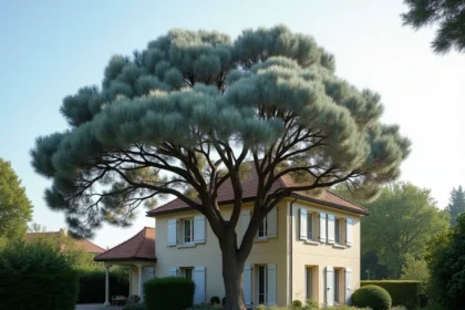 Eucalyptus Cider Gum planté à distance réglementaire d'une maison en pierre dans un jardin suburban français