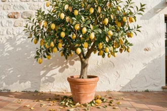 Citronnier en pot avec feuilles jaunissantes et tombées sur un patio méditerranéen en terracotta