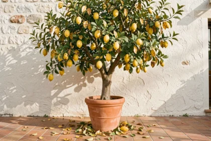 Citronnier en pot avec feuilles jaunissantes et tombées sur un patio méditerranéen en terracotta