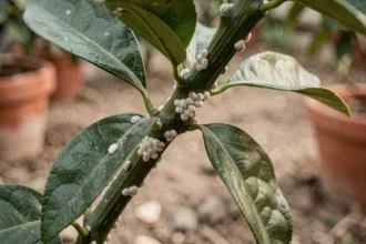 Gros plan sur des cochenilles farineuses blanches sur une branche de citronnier avec feuilles vertes