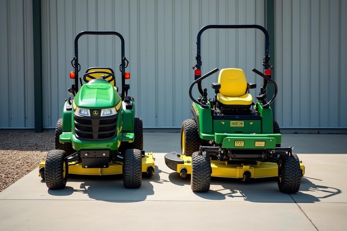 Comparaison entre une débroussailleuse autoportée et un tracteur tondeuse côte à côte dans un point de vente de matériel de jardin