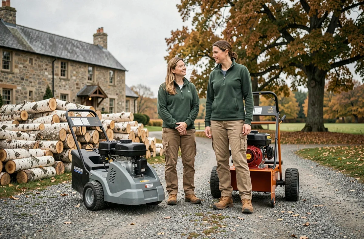 Comparaison d'une fendeuse électrique et thermique sur une allée de gravier devant une maison de campagne