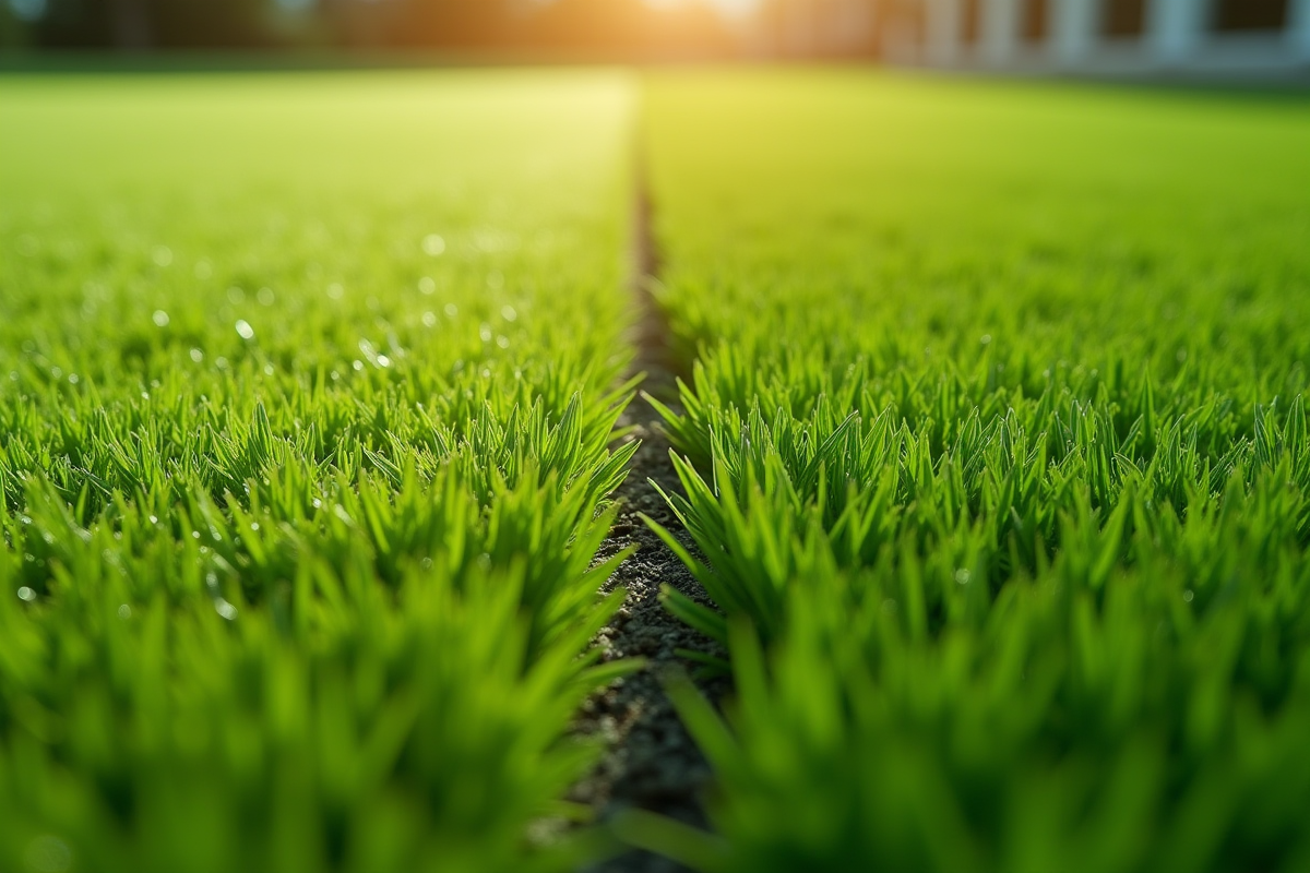 Gazon naturel et artificiel en gros plan avec séparation nette