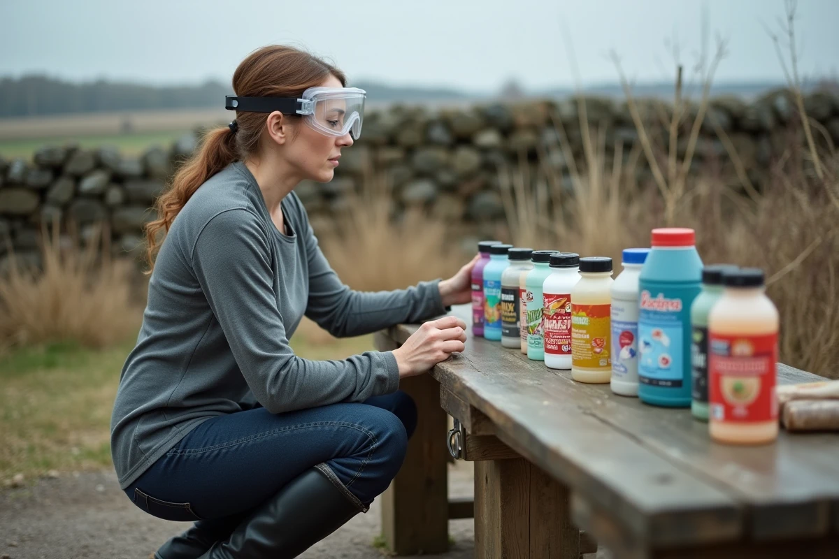 Femme comparant des produits débroussaillants autorisés et interdits sur un établi extérieur en milieu rural