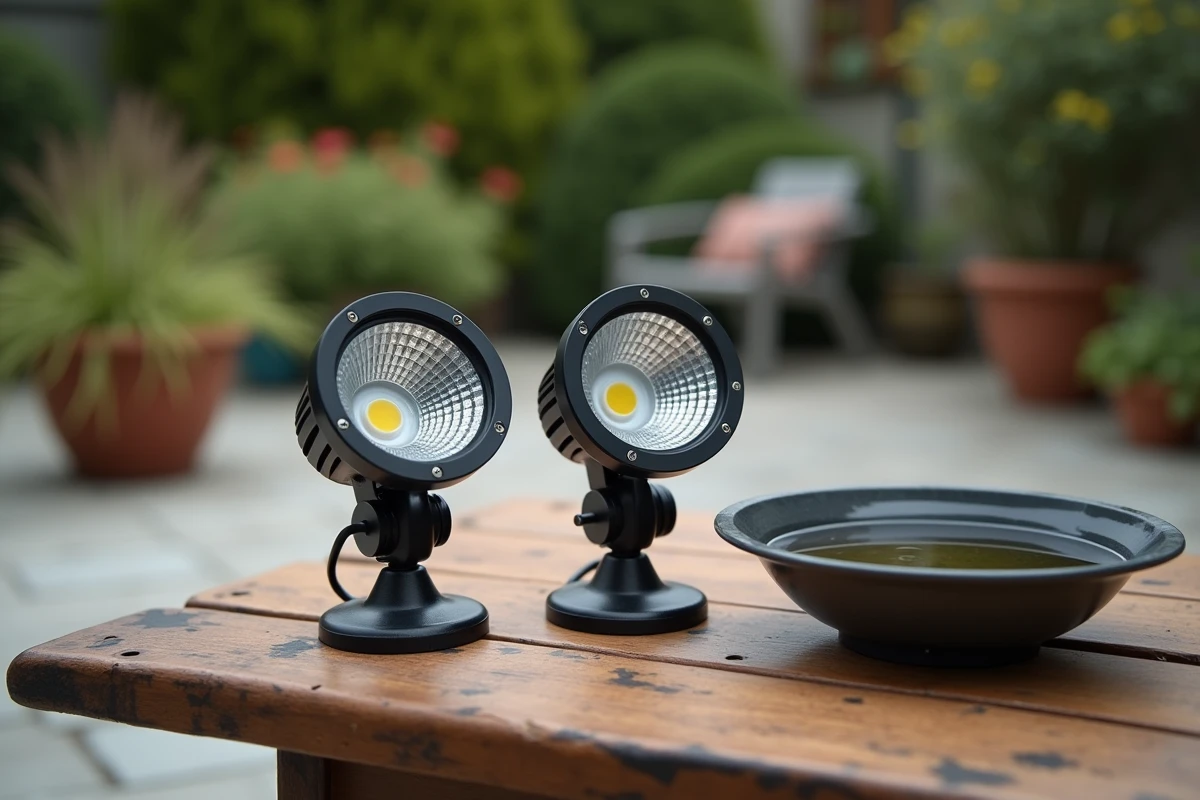 Comparaison de deux spots solaires LED extérieurs avec indices IP différents posés sur une table en bois, l'un partiellement immergé dans l'eau