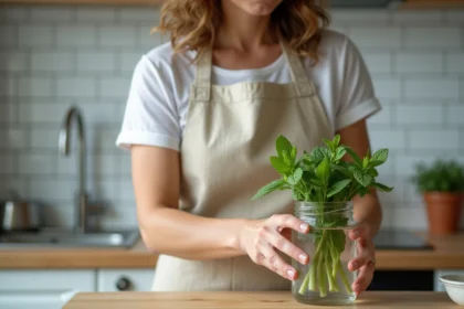 Femme plaçant des feuilles de menthe fraîches dans un verre d'eau pour les conserver au réfrigérateur
