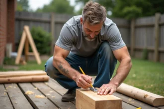 Homme mesurant un poteau en bois de cèdre avec une équerre métallique pour la construction d'une pergola en bois dans un jardin résidentiel