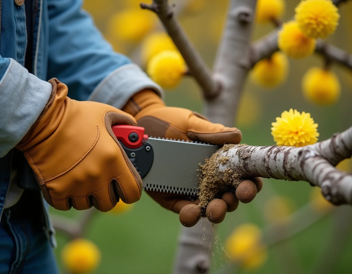 Gros plan sur des mains gantées utilisant une scie d'élagage pour couper une grosse branche de mimosa au printemps