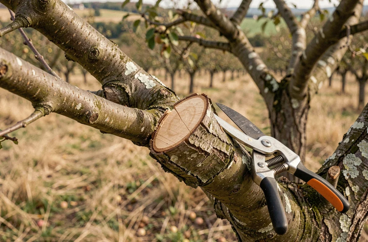 Gros plan sur des coupes nettes d'élagage sur un arbre fruitier dans un verger du Forez avec un sécateur professionnel