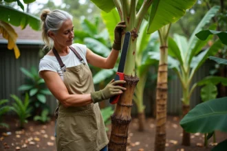 Femme jardinière taillant un bananier en automne pour préparer l'hiver et favoriser les régimes de bananes