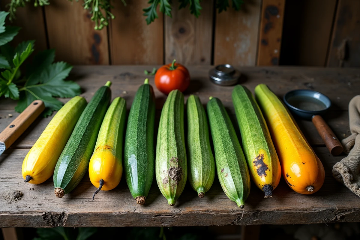 Courgettes récoltées avec des taches de pourriture et des lésions visibles posées sur un établi de jardin