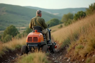 Homme utilisant une débroussailleuse autoportée sur un terrain en pente avec végétation dense en milieu rural
