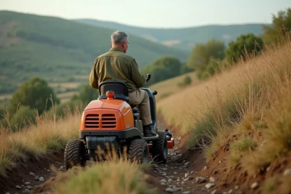 Homme utilisant une débroussailleuse autoportée sur un terrain en pente avec végétation dense en milieu rural