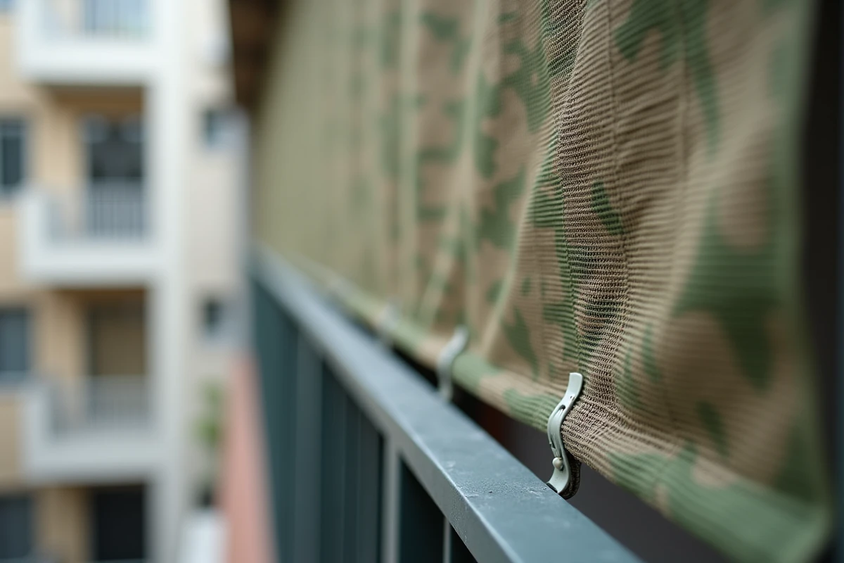 Détail du tissage d'un filet camouflage attaché à une rambarde de balcon en métal avec des colliers de serrage
