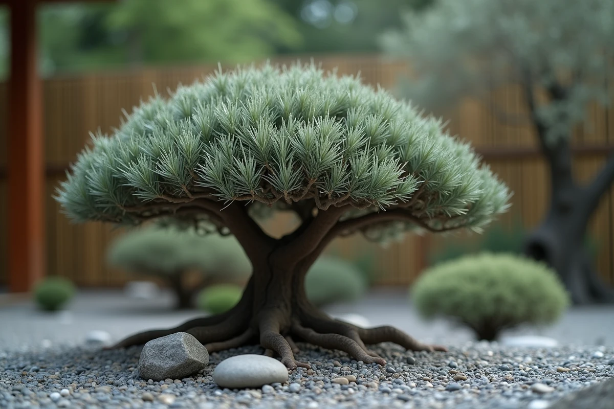 Détail d'un plateau de taille en nuage sur un olivier, feuillage sculpté en forme arrondie style jardin japonais