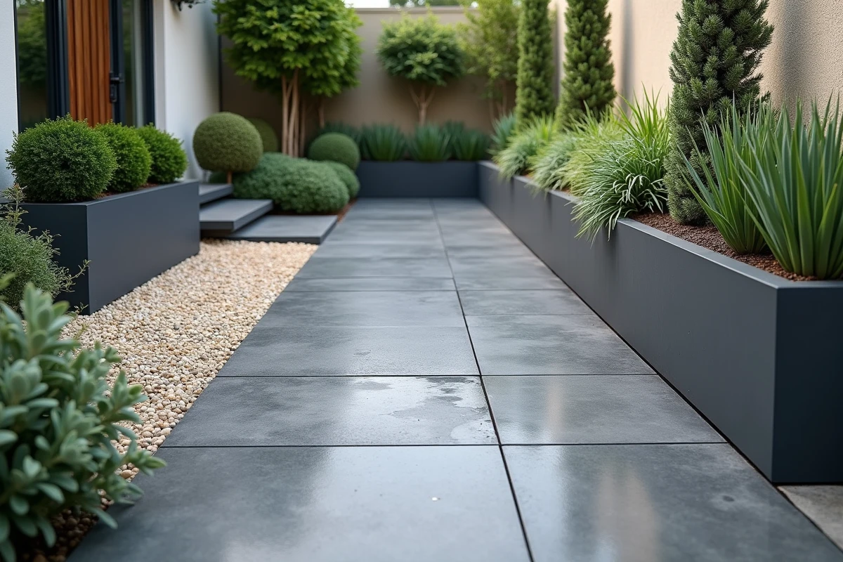 Détail de terrasse contemporaine avec dalles en grès cérame, jardinières en acier et plantations architecturales