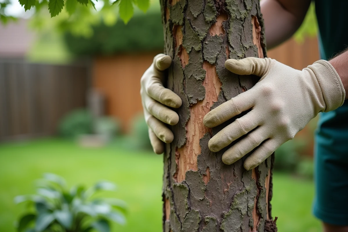 Jardinier examinant un tronc de lilas du Japon avec des lésions de chancre et une écorce abîmée dans un jardin