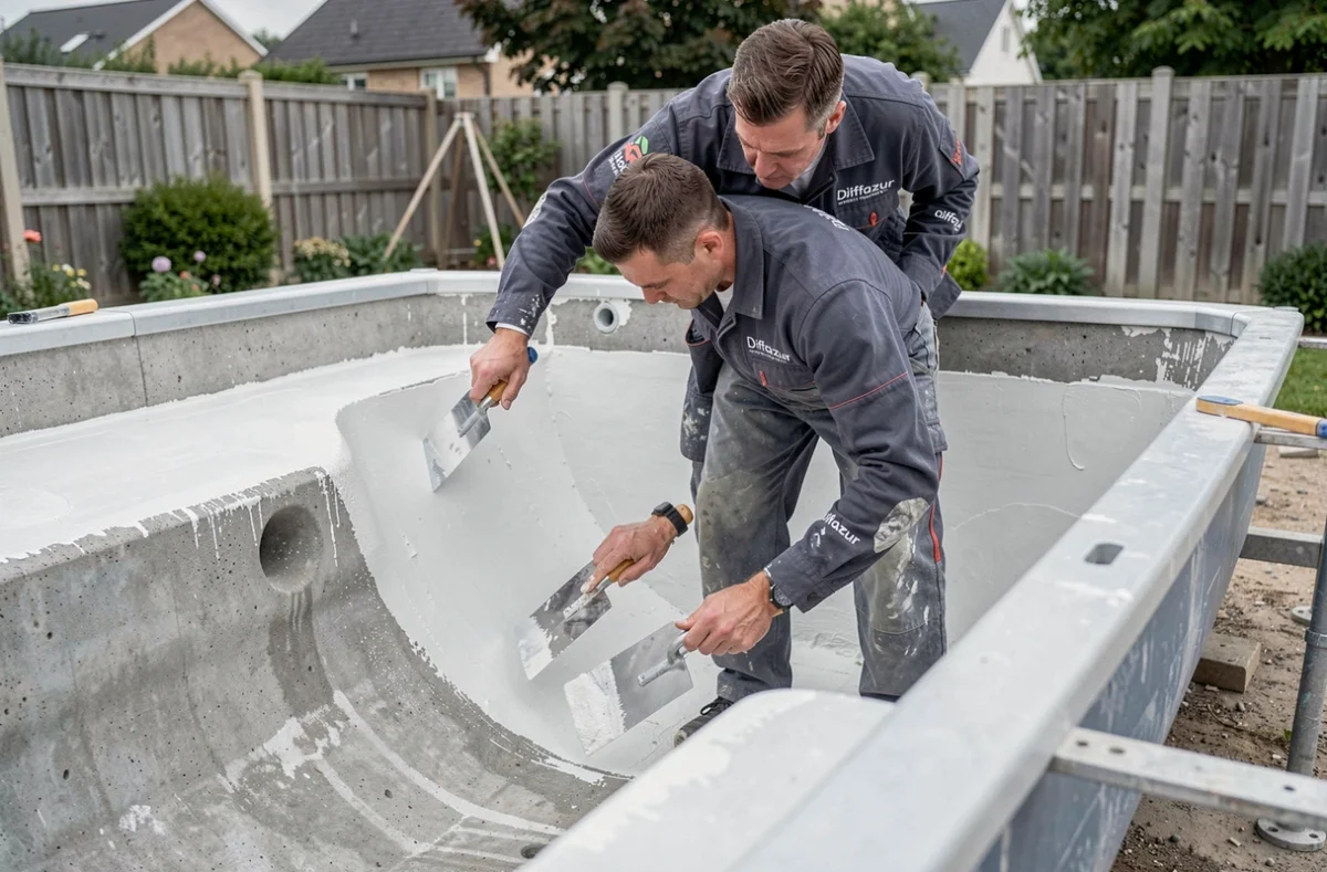 Rénovation d'une piscine Diffazur avec un spécialiste appliquant un enduit blanc à l'intérieur d'un bassin vidé dans le Nord