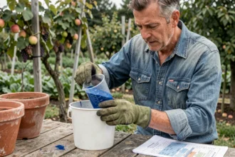 Jardinier mesurant la dose de bouillie bordelaise dans un verre doseur en jardinage de printemps