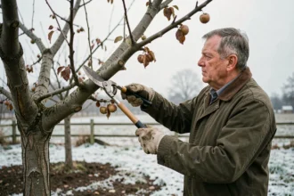 Homme élagage pommier en hiver avec sécateur à manche long dans jardin rural