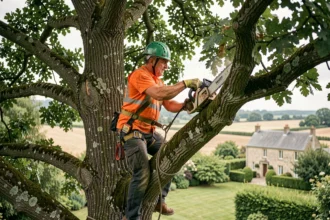 Élagueur professionnel en harnais grimpant dans un grand chêne pour une intervention d'élagage en Indre-et-Loire