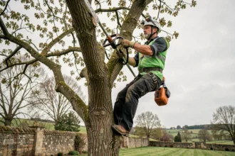 Élagueur professionnel en train d'élaguer un chêne dans un jardin rural du Forez avec équipement de sécurité complet
