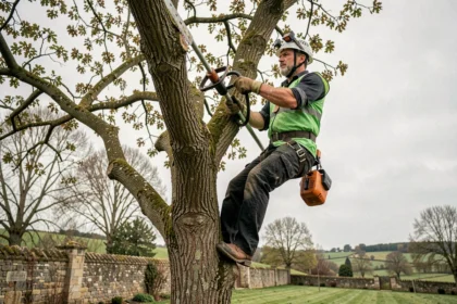 Élagueur professionnel en train d'élaguer un chêne dans un jardin rural du Forez avec équipement de sécurité complet