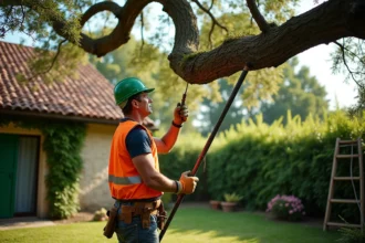 Élagueur professionnel taillant une branche près d'une toiture en tuiles avec une perche élagueuse, jardin de maison française