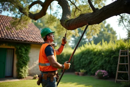 Élagueur professionnel taillant une branche près d'une toiture en tuiles avec une perche élagueuse, jardin de maison française