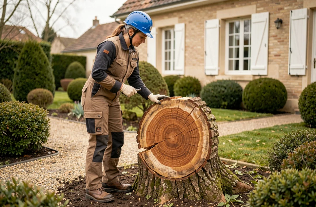 Élagueuse professionnelle inspectant une souche d'arbre fraîchement coupée dans un jardin résidentiel près de Tours en Indre-et-Loire