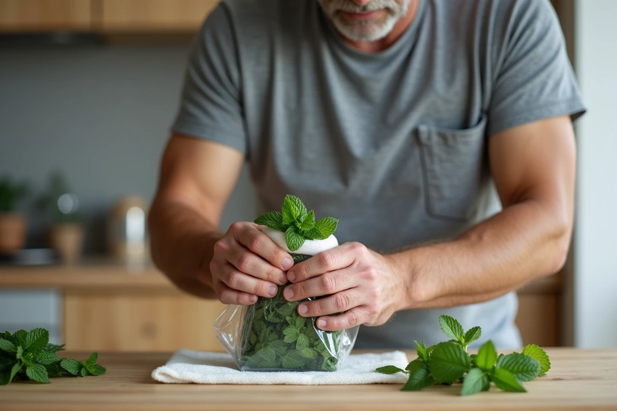 Homme enveloppant des feuilles de menthe fraîches dans du papier absorbant humide pour les conserver au frigo