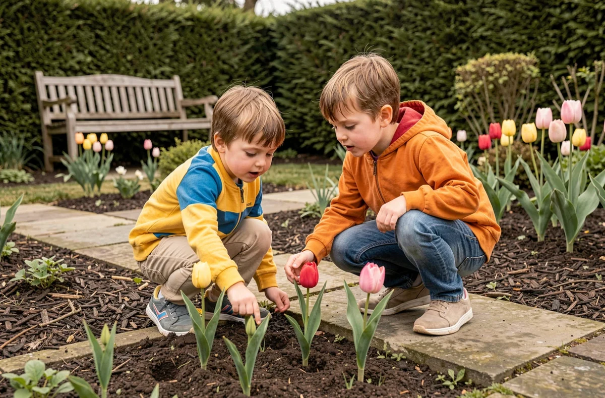 Enfants observant des pousses de tulipes dans un jardin familial, illustrant les précautions à prendre avec des bulbes toxiques
