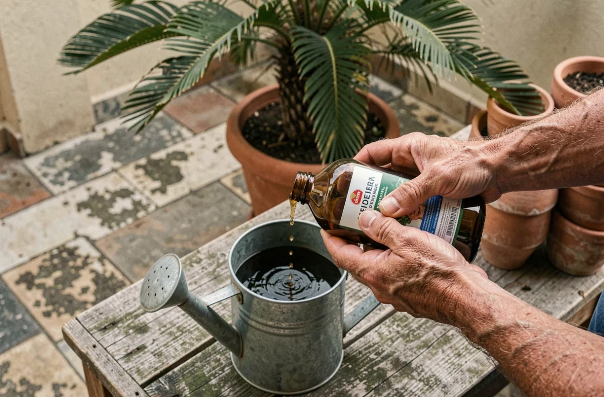 Gros plan sur des mains versant de l'engrais liquide pour palmier dans un arrosoir sur une terrasse en pierre
