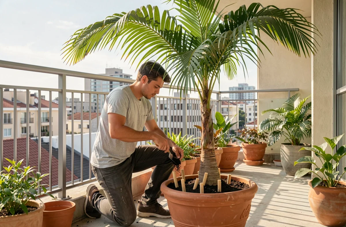 Jeune homme ajoutant des bâtonnets d'engrais à action lente dans le pot d'un palmier areca sur un balcon urbain au printemps