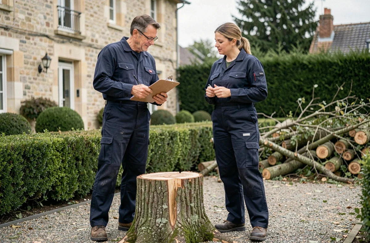 Deux élagueurs professionnels consultant un devis d'élagage devant une maison en pierre dans le Forez