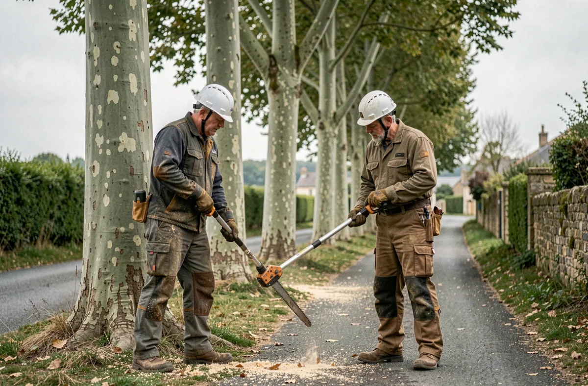 Deux élagueurs travaillant sur l'élagage de platanes le long d'une route rurale en Touraine, Indre-et-Loire