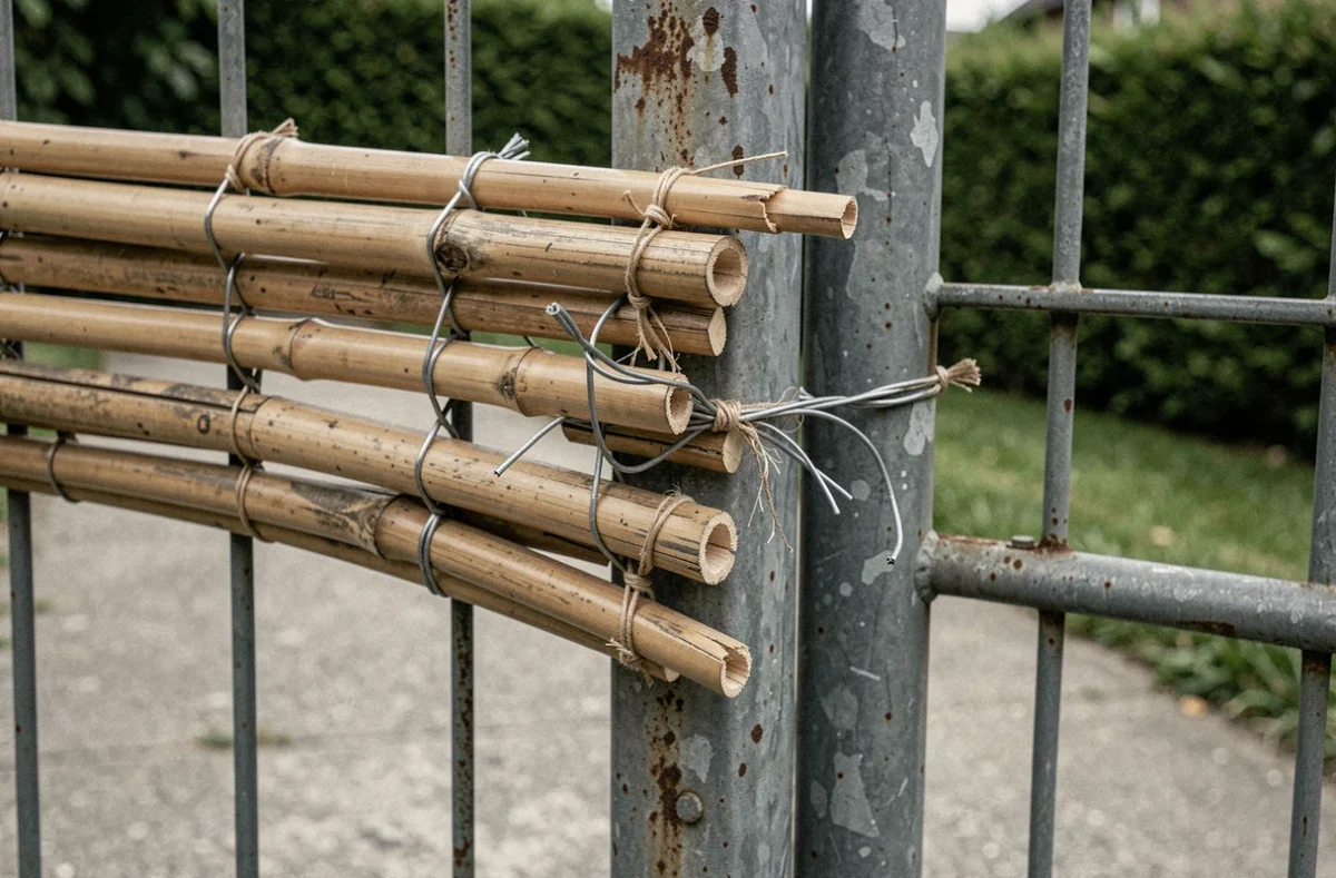 Erreurs d'installation visibles sur un brise vue bambou mal fixé à une clôture métallique