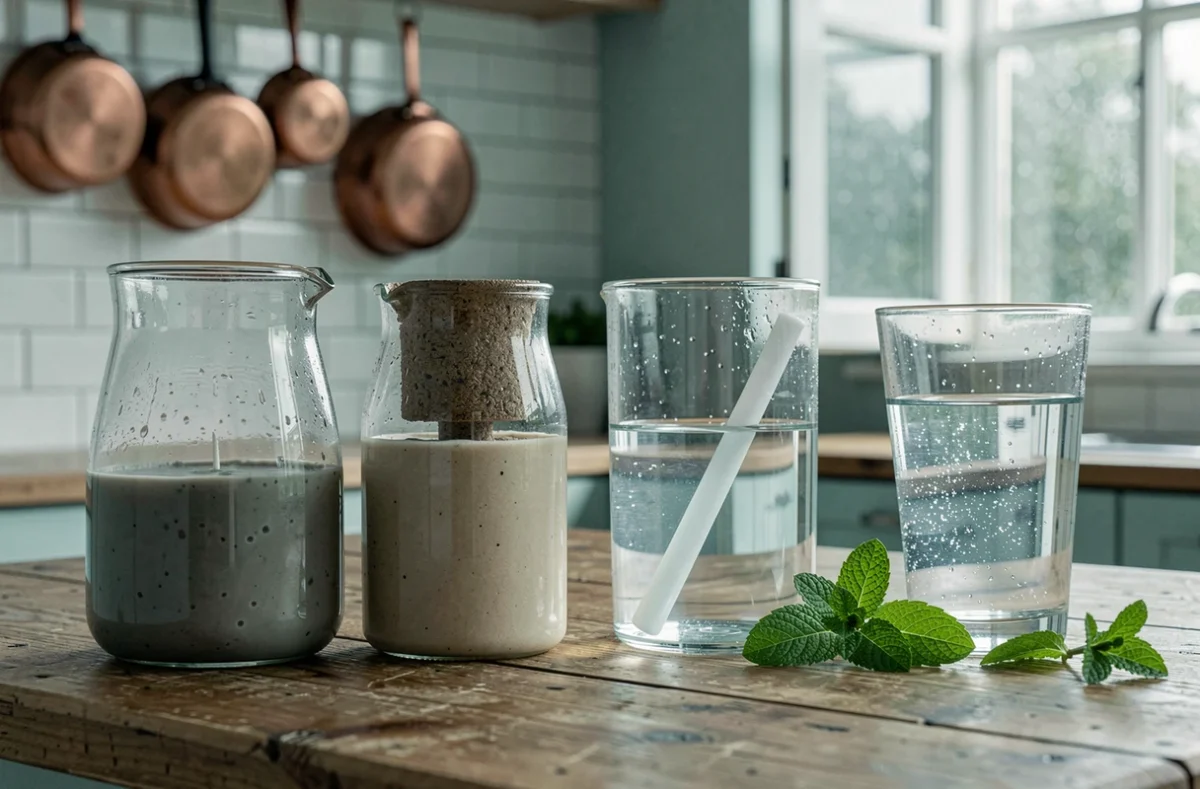 Étapes de purification de l'eau de pluie présentées dans des verres sur un plan de travail en bois, du brut au potable
