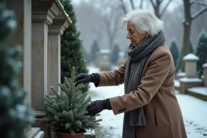 Femme âgée prenant soin d'une plante sur une tombe en hiver