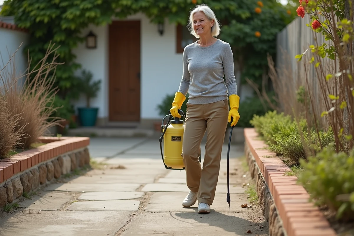 Femme appliquant un herbicide glyphosate avec un pulvérisateur manuel sur une allée de béton dans un jardin résidentiel espagnol