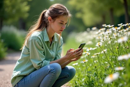Femme utilisant l'application PlantNet sur Android pour identifier une fleur de marguerite dans un jardin botanique urbain