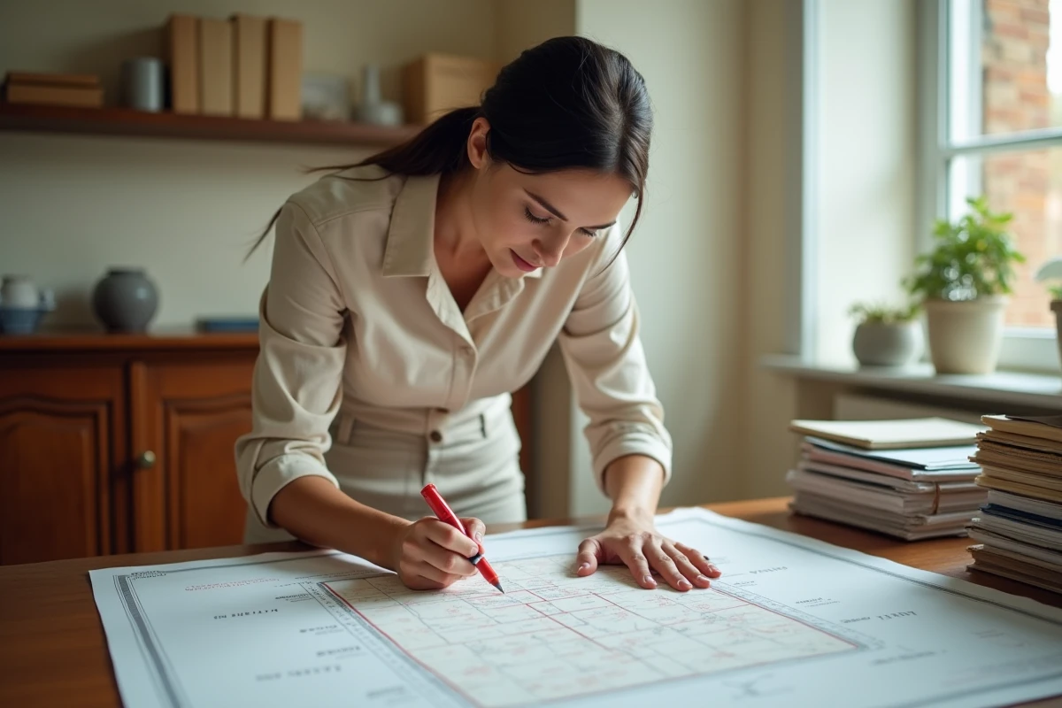 Femme dessinant des limites parcellaires sur une carte cadastrale pour calculer des surfaces en hectares et ares