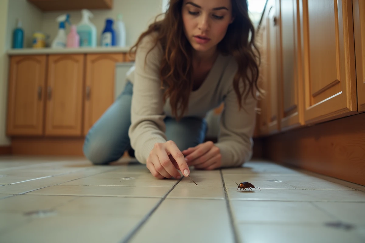 Jeune femme inspectant une blatte dans la cuisine