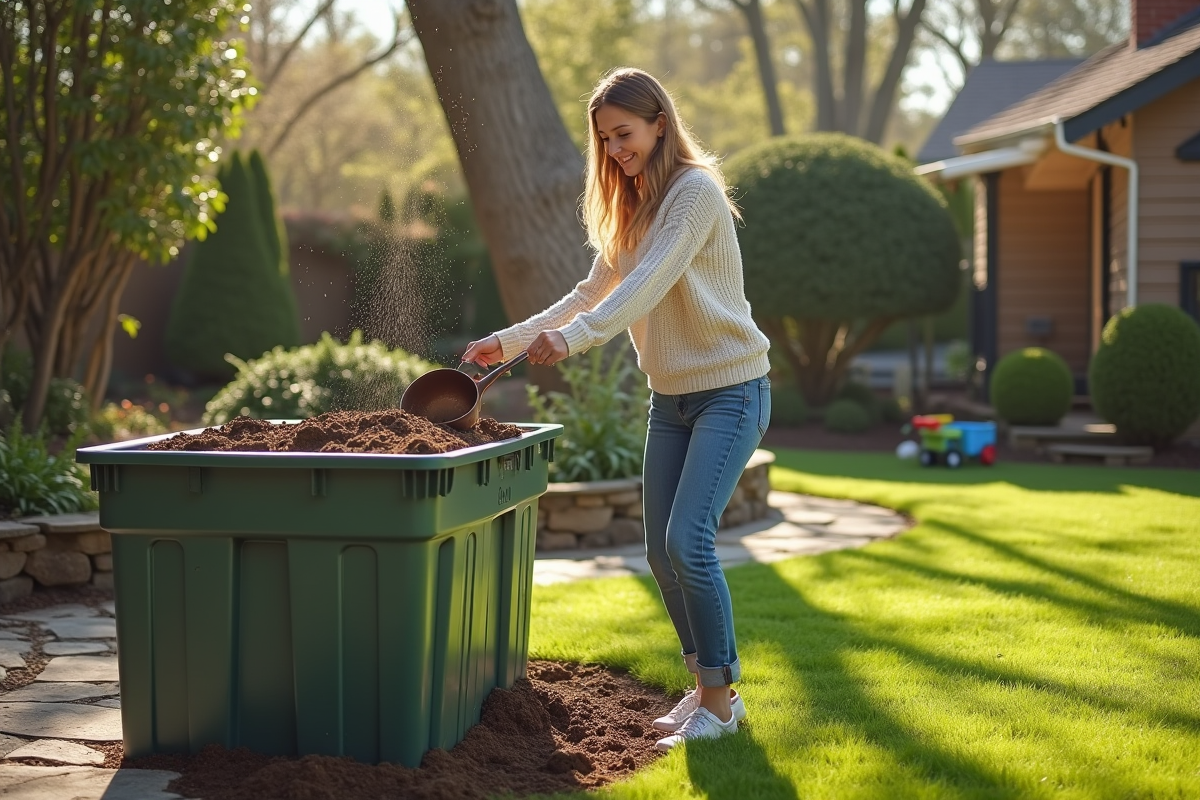 Femme souriante versant du compost dans le jardin