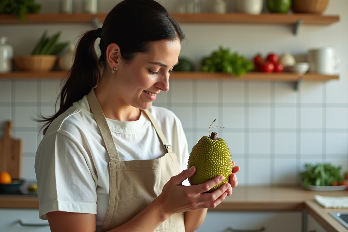 Femme en tablier de lin tenant un jackfruit dans une cuisine méditerranéenne, avec des légumes visibles sur des étagères en bois