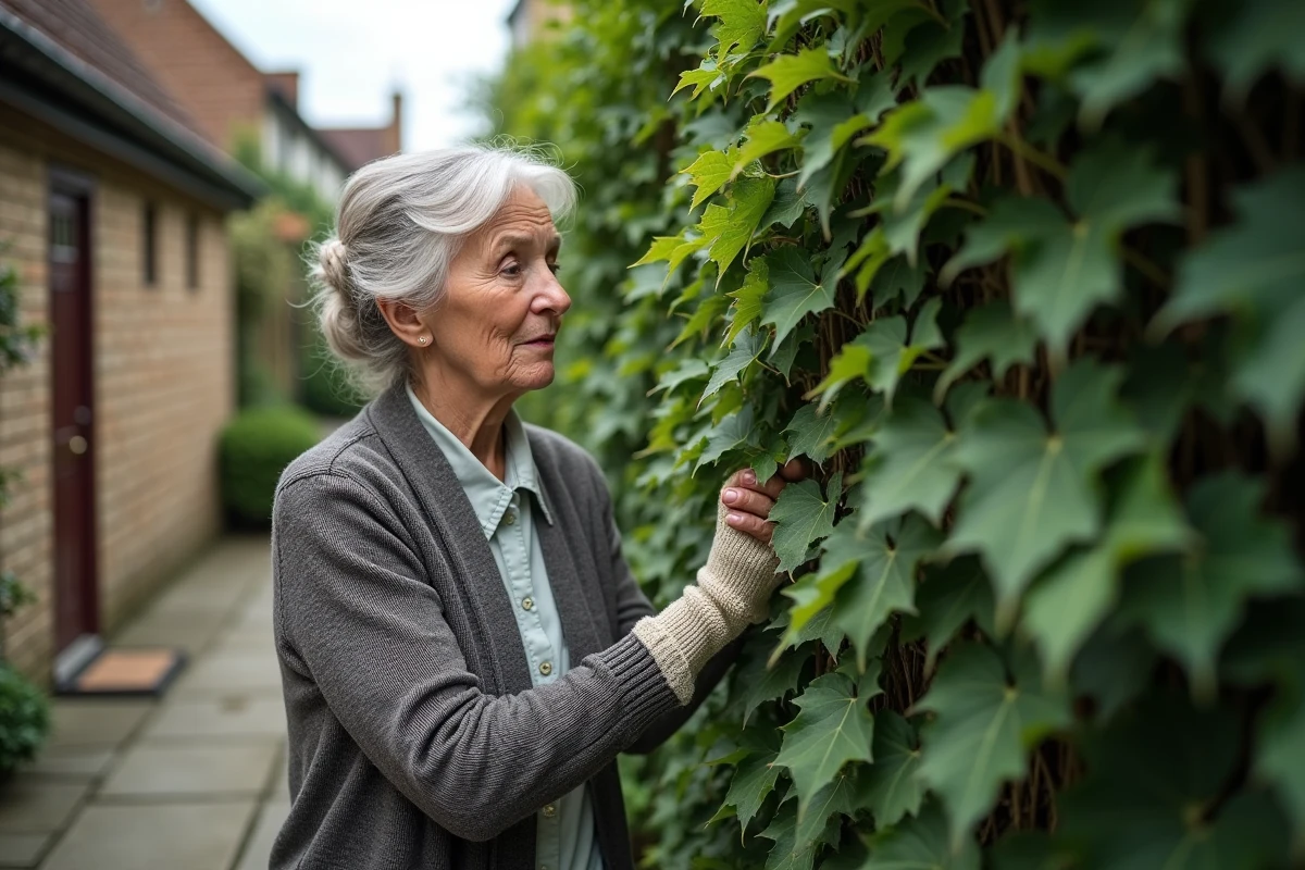 Femme âgée inspectant la vigne sur le mur extérieur
