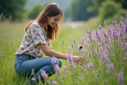 Jeune femme dans un champ de fleurs sauvages en été