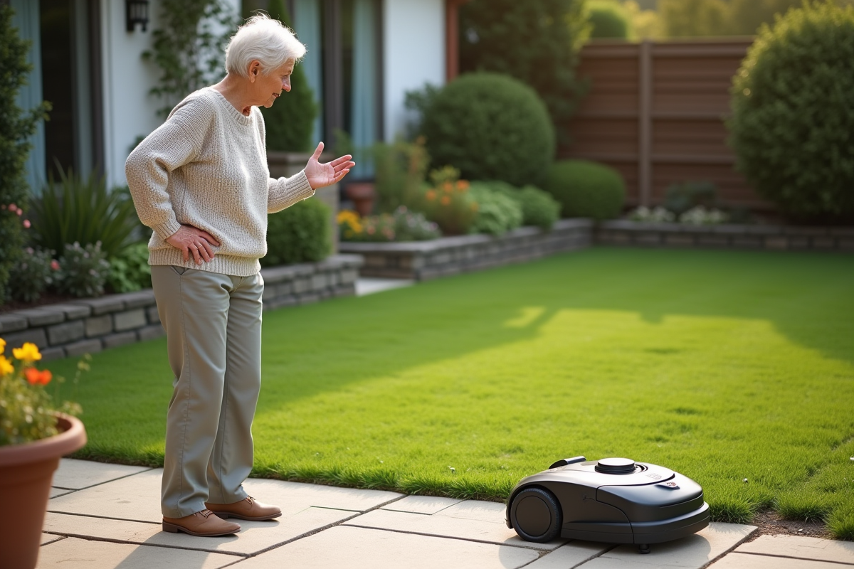 Femme âgée montre une tondeuse robot incomplète dans le jardin