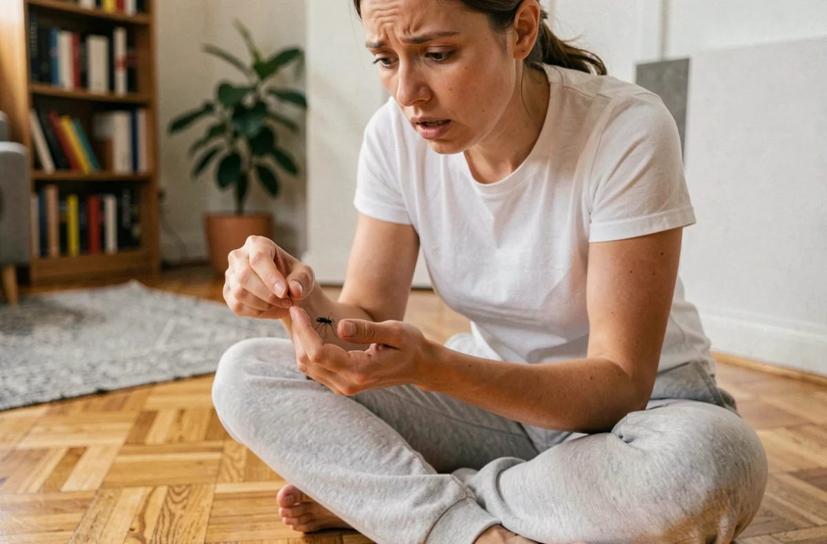 Femme regardant de près une petite bête noire qui saute attrapée entre ses doigts dans son appartement, expression inquiète
