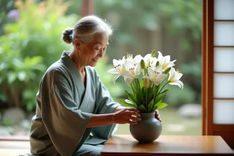 Femme japonaise âgée arrangeant des lys blancs dans un vase